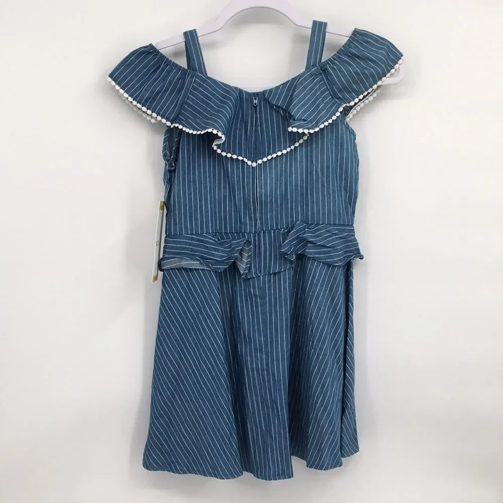 BCBGirls Striped Blue Ruffled Cold Shoulder Sundress S 7/8